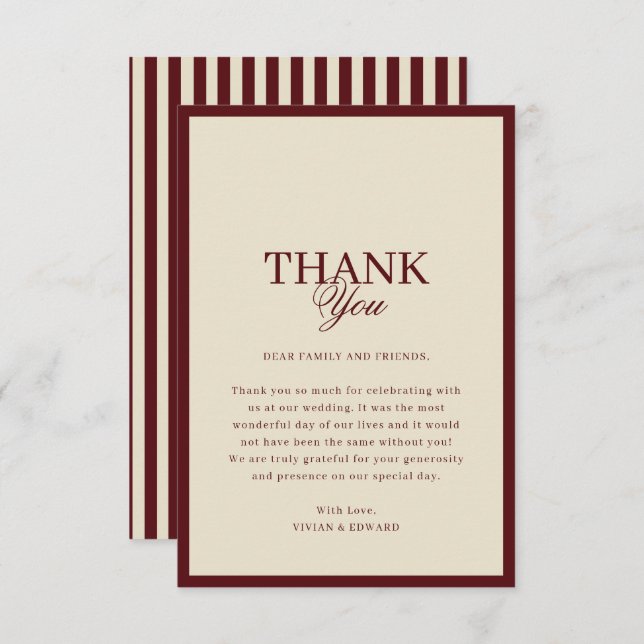 Ivory & Burgundy Stripes Border Retro Wedding Thank You Card (Front/Back)