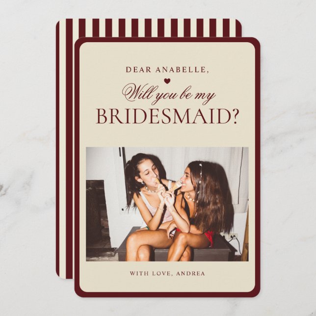 Ivory & Burgundy Stripes Bridesmaid Proposal Card (Front/Back)