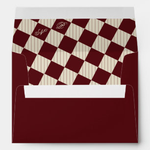 Ivory Burgundy Stripes Monogram Retro Wedding Envelope