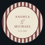 Ivory & Burgundy Stripes Retro Custom Wedding Classic Round Sticker<br><div class="desc">This Ivory & Burgundy stripes retro custom wedding sticker features a warm deep burgundy and cream striped border with elegant contemporary typography and subtle vintage character. The playful-retro styling creates a refined old-money fall / winter mood, and the layout allows for custom editable names or wording. Designed to coordinate with...</div>