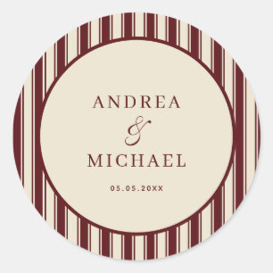 Ivory & Burgundy Stripes Retro Custom Wedding Classic Round Sticker