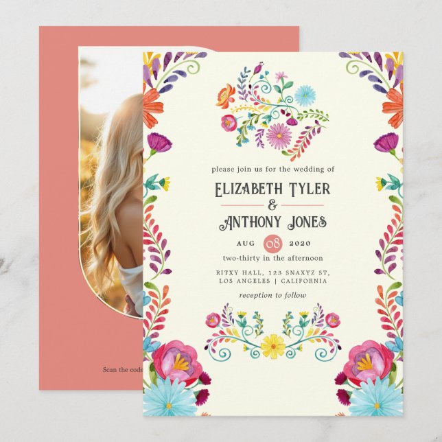 Ivory & Burnt Coral Floral Mexican Fiesta Wedding Invitation (Front/Back)