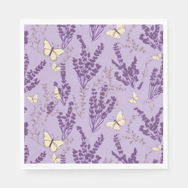 Ivory Butterflies and Lavender Flowers Napkin (Front)