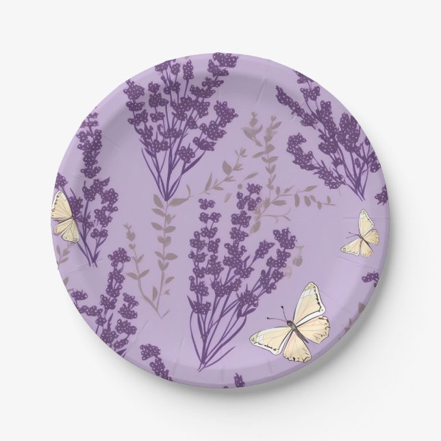 Ivory Butterflies and Lavender Flowers Paper Plate (Front)