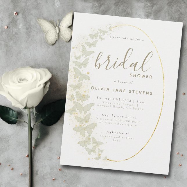Ivory Butterflies Boho Gold Frame Bridal Shower Invitation (butterfly bridal shower boho frame elegant bohemian romantic chic simple modern classy calligraphy)