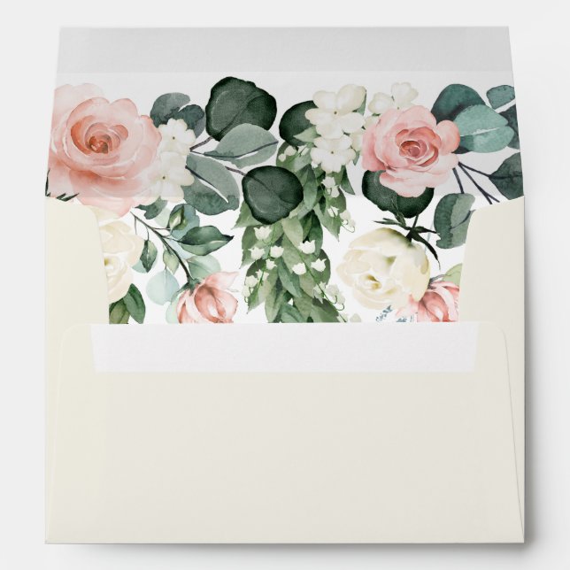 Ivory Champagne Floral Rose Watercolor Wedding Envelope (Back (Bottom))