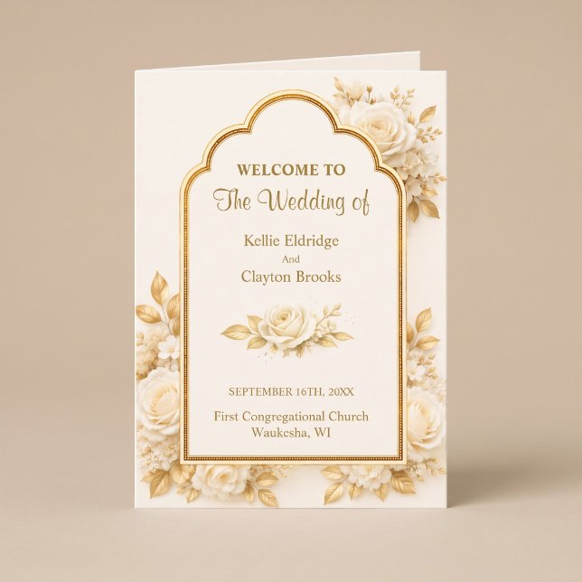 Ivory & Champagne Floral Wedding Folded Programme (Creator Uploaded)