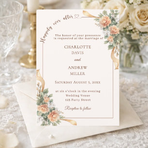 Ivory champagne florals ribbon elegant wedding invitation
