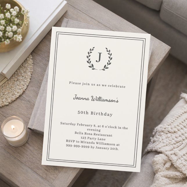 Ivory charcoal monogrammed wreath luxury birthday invitation (Creator Uploaded)