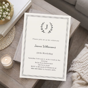 Ivory charcoal monogrammed wreath minimalist invitation