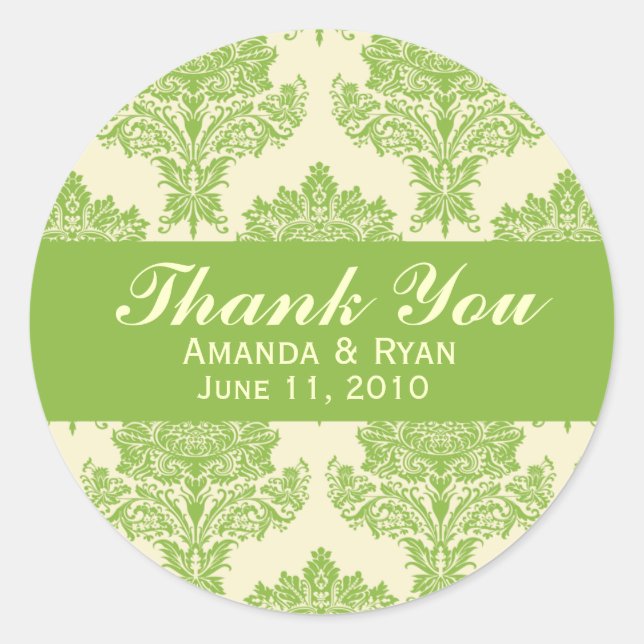 Ivory & Chartreuse Damask Round Wedding Labels (Front)