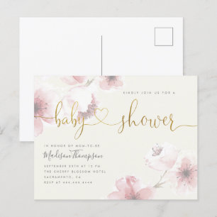 Ivory Cherry Blossom Gold Floral Baby Shower Invitation Postcard