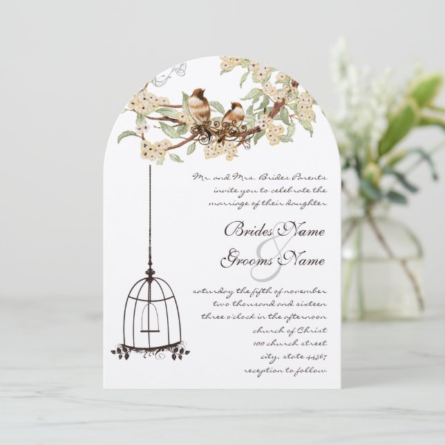 Ivory Cherry Blossom Lovebird Birdcage Wedding Invitation (Standing Front)