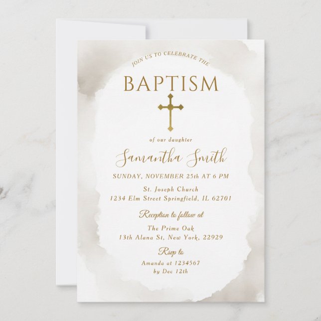 Ivory Christening Gold Cross Minimalist Baptism Invitation (Front)