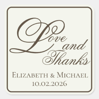 Ivory Coffee Modern "Love and Thanks" Square Sticker