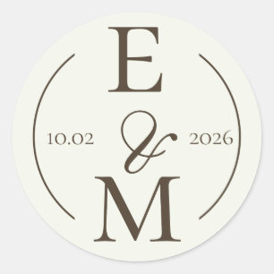 Ivory Coffee Monogram Date Wedding Classic Round Sticker
