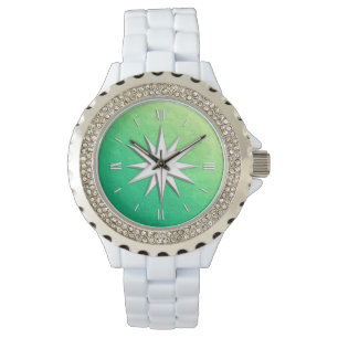 Ivory compass rose - peridot glass background watch