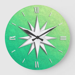 Ivory compass rose - peridot green background large clock
