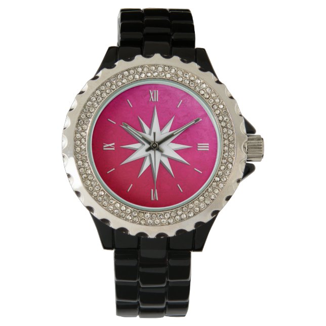 Ivory compass rose - ruby glass background watch (Front)