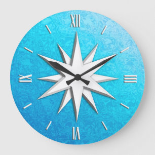Ivory compass rose - turquoise glass background large clock