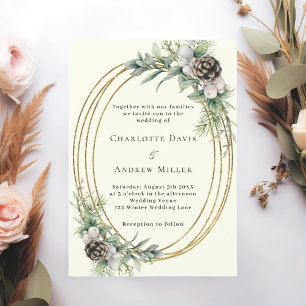 Ivory cone pine greenery gold frame wedding invitation