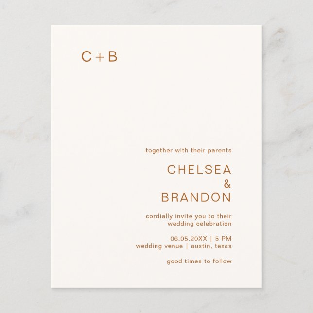 Ivory Copper Monogram Modern Budget Wedding Invite (Front)