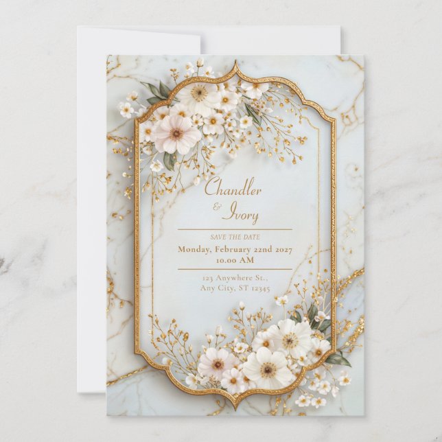 Ivory Cosmos Icy Marble Gilded Wedding Invitation (Front)