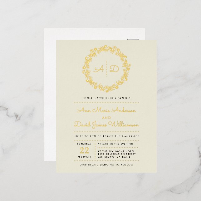 Ivory | Country Floral Wreath Wedding Foil Invitation Postcard (Front/Back)