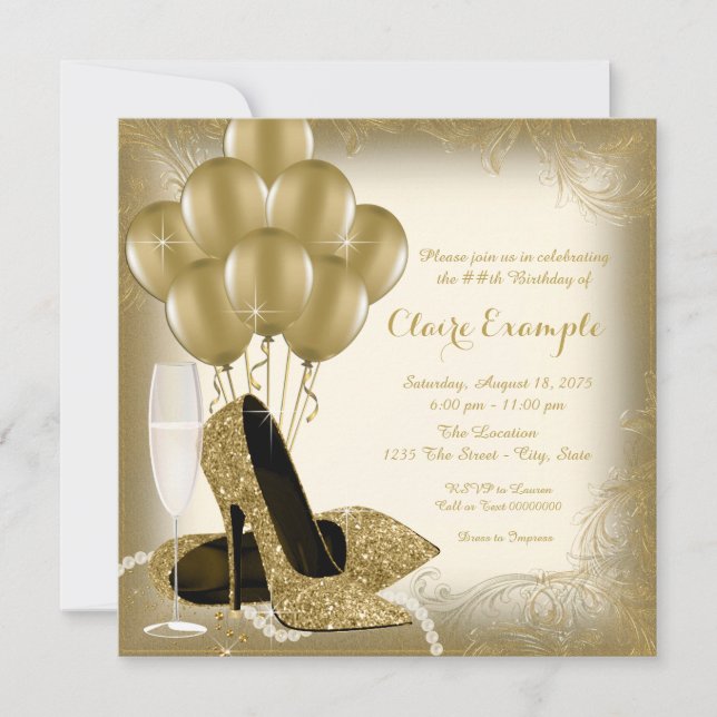 Ivory Cream and Gold Glitter Womans Birthday Party Invitation (Front)