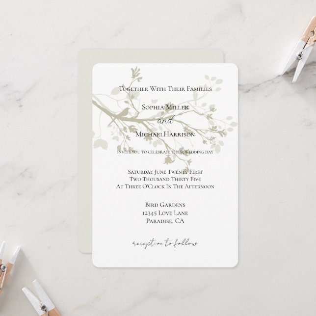 Ivory Cream Bird Tree Branches Floral Wedding Invitation (Front/Back In Situ)