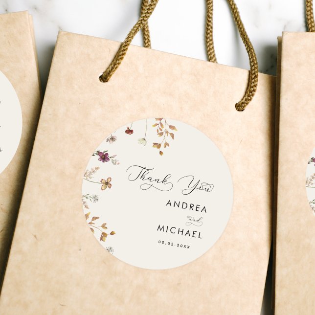 Ivory Cream Boho Fall Wildflower Wedding Thank You Classic Round Sticker (Creator Uploaded)