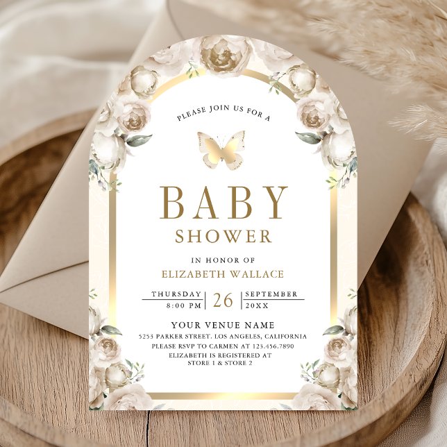 Ivory Cream Floral Arch Butterfly Baby Shower Invitation (Creator Uploaded)
