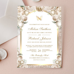 Ivory Cream Floral Gold Arch Butterfly Wedding Acrylic Invitations