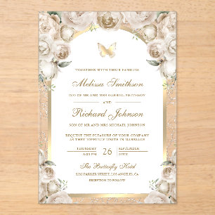 Ivory Cream Floral Gold Arch Butterfly Wedding Acrylic Invitations