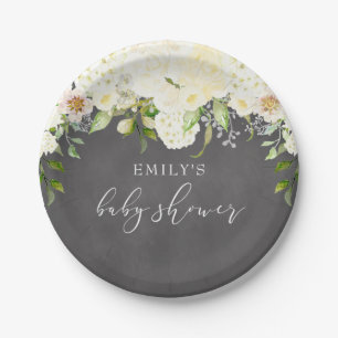 Ivory Cream Floral Greenery Chalkboard Baby Shower Paper Plate