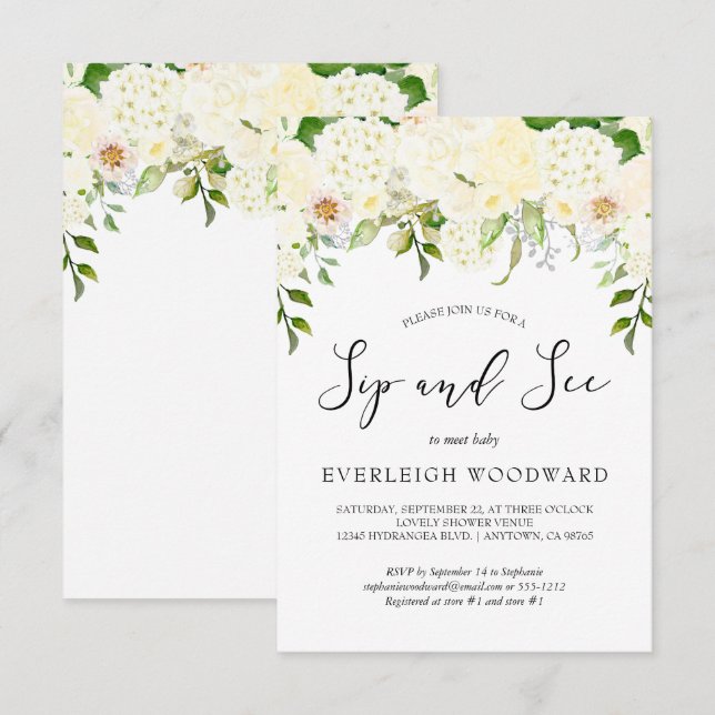 Ivory Cream Floral Greenery Sip and See Baby Invitation (Front/Back)