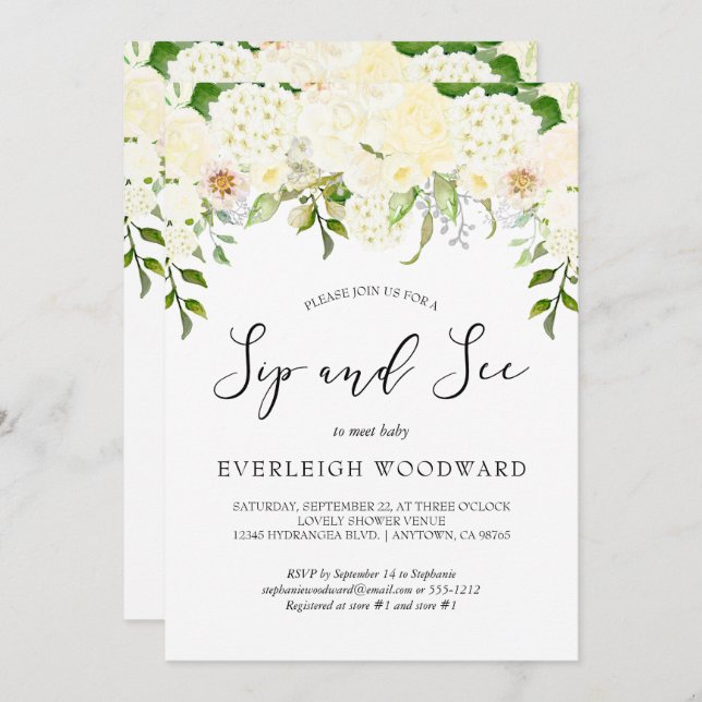 Ivory Cream Floral Greenery Sip and See Baby Invitation (Front/Back)