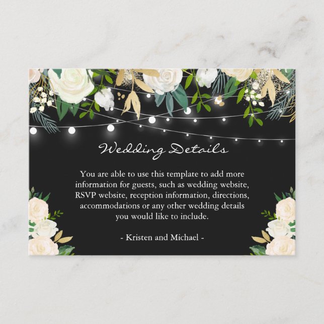 Ivory Cream Floral String Lights Wedding Details Enclosure Card (Front)