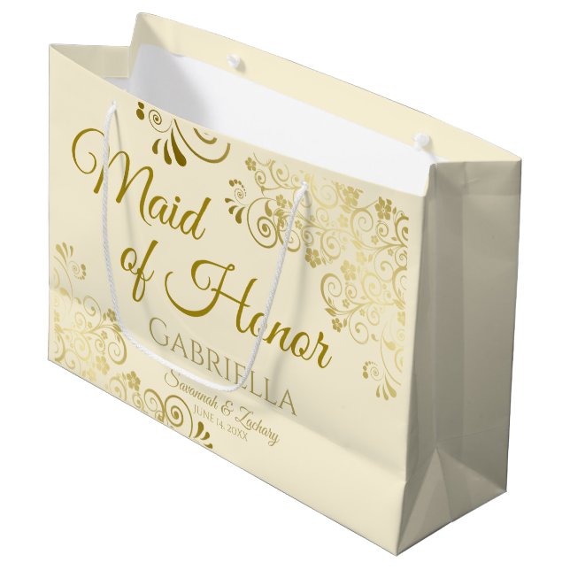 Ivory Cream & Gold Elegant Maid of Honour Wedding Large Gift Bag (Front Angled)