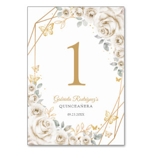 Ivory Cream Gold Floral Quinceanera Table Number