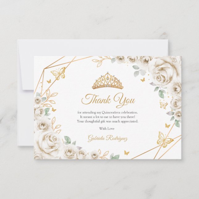 Ivory Cream Gold Floral Quinceanera Thank You Card (Front)