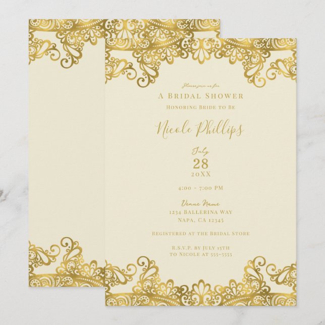 Ivory Cream & Gold Lace Elegant Bridal Shower   Invitation (Front/Back)