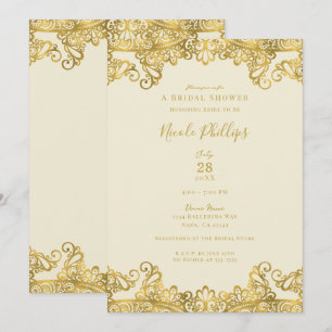 Ivory Cream & Gold Lace Elegant Bridal Shower   Invitation