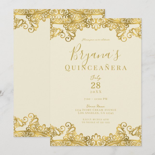 Ivory Cream Gold Lace Elegant Quinceañera Party    Invitation (Front/Back)