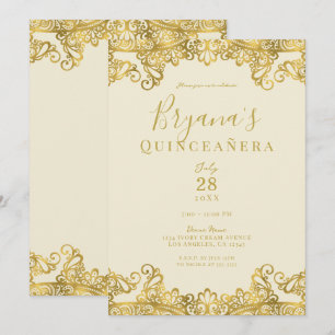 Ivory Cream Gold Lace Elegant Quinceañera Party    Invitation
