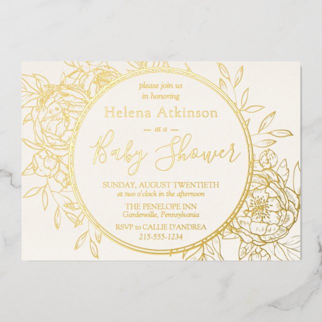 Ivory Cream & Gold Modern Peony Toile Baby Shower (Front)