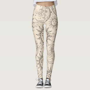 Ivory Cream Magic Vintage Celestial Sun Moon Stars Leggings