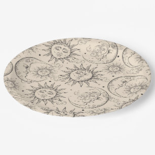 Ivory Cream Magic Vintage Celestial Sun Moon Stars Paper Plate