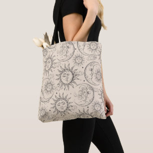 Ivory Cream Magic Vintage Celestial Sun Moon Stars Tote Bag