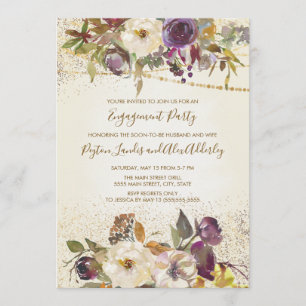 Ivory Cream Purple Floral Glitter Engagement Party Invitation